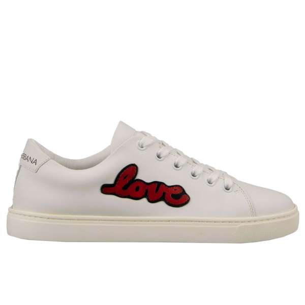 Leather Sneaker LONDON with crystal heart and Love embroidered patches in white by DOLCE & GABBANA