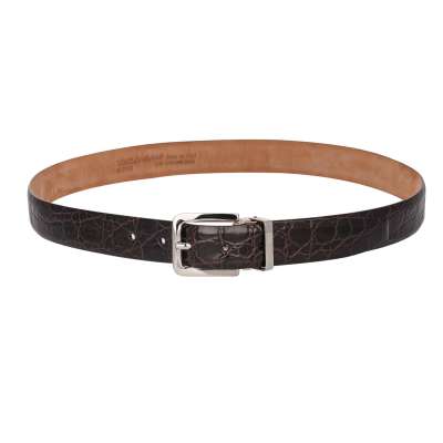 Metal Buckle Croco Leather Belt Brown Silver 90 36