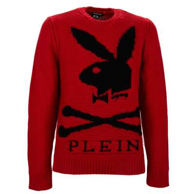 Bunny and Logo Printed Wool Sweater Red Black