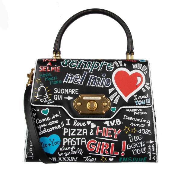 Mural Graffiti Printed leather Tote / Shoulder Bag WELCOME Large with double handle and letterings "Amore", "Overdress", "Sei Sempre Nel Mio", "Hey Girl", "Take a Selfie" and others by DOLCE & GABBANA