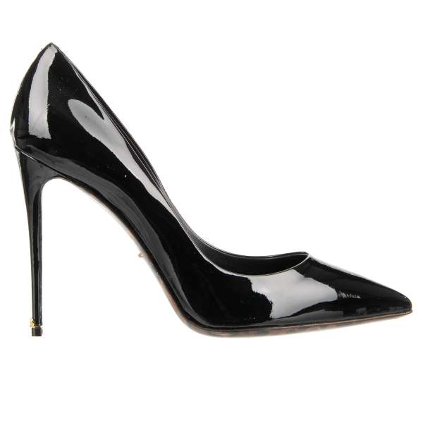 Pointed patent leather Pumps KATE with leopard print sole and DG metal logo on the heel in black by DOLCE & GABBANA
