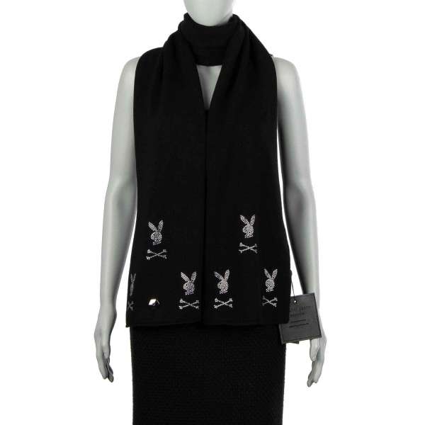 Long knitted Wool and Cashmere blend scarf with six crystals Bunny Skull logos and metal logo plaque by PHILIPP PLEIN x PLAYBOY