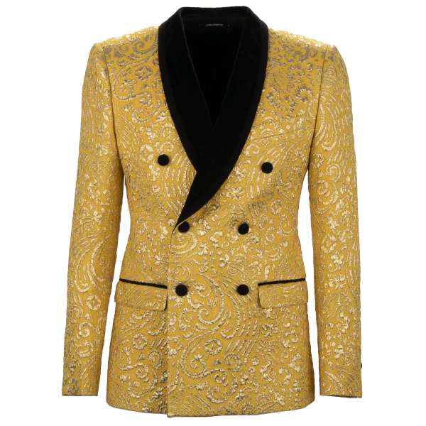 Zweireihiger Jacquard Smoking Blazer im Barock-Stil mit rundem Samt-Kragen im Gold und Gelb von DOLCE & GABBANA