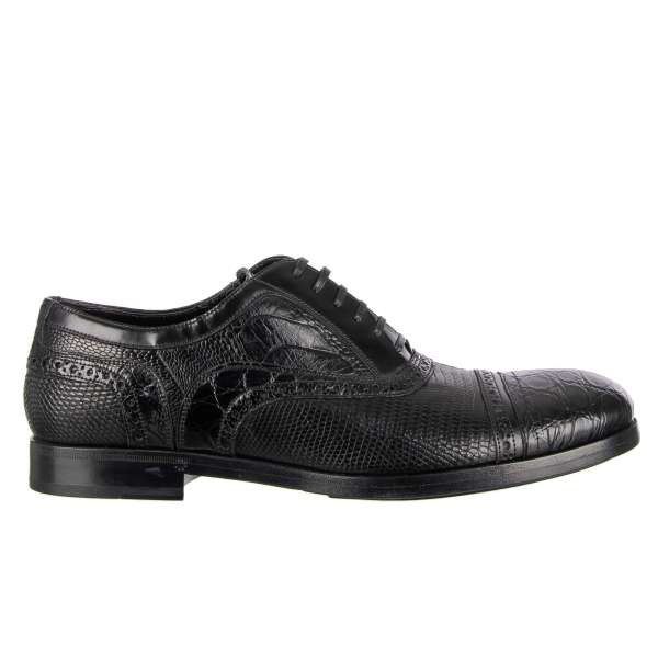 Elegant patchwork Cayman, Ostrich, Lizard and calf leather oxford shoes MILANO in black by DOLCE & GABBANA