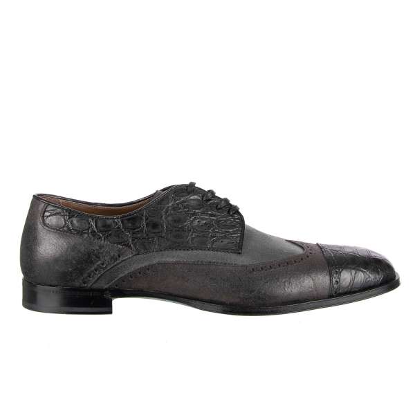 Exclusive Patchwork Nubuck Caiman and Calf leather derby shoes ROMA in black, gray and brown by DOLCE & GABBANA