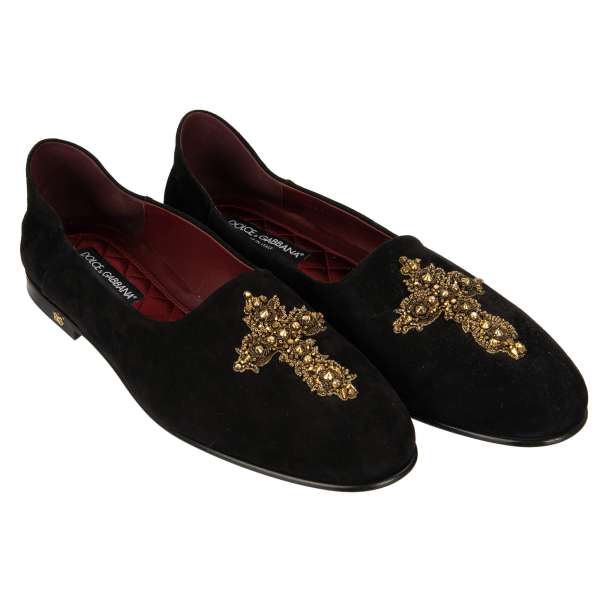 Suede loafer shoes SULTANO with pearls and meatl threads embroidered cross and DG logo on the side in black and gold by DOLCE & GABBANA