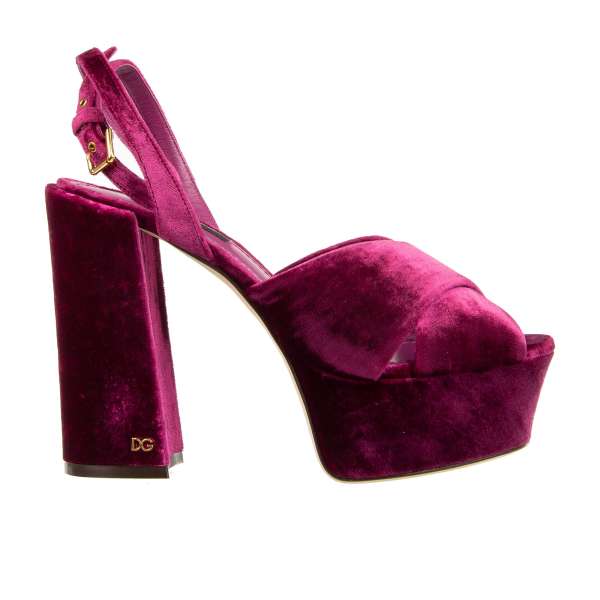 Leather and Velvet Platform Sandals KEIRA with DG golden logo and buckle in pink by DOLCE & GABBANA