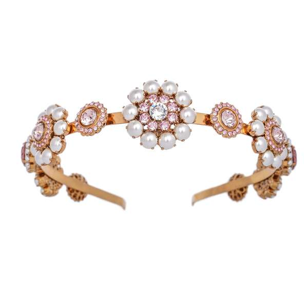 Hairband with filigree elements, artificial pearls and crystals in pink and gold by DOLCE & GABBANA