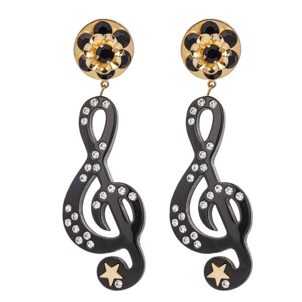 "Stelle" Treble Clef Clip Earrings with Crystals and Star in Gold and Black by DOLCE & GABBANA