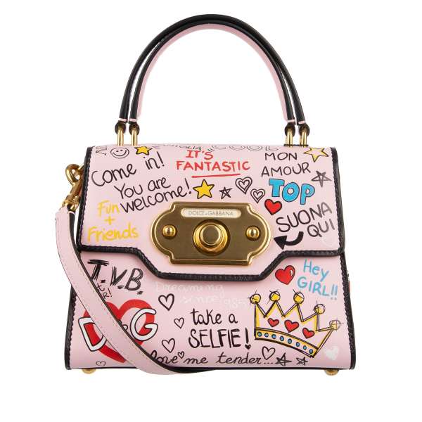 Mural Graffiti Printed leather Tote / Shoulder Bag WELCOME Mini with double handle and letterings "Take a Selfie", "Hey Girl", "Love My Life", "Kiss me", "100% D&G" and others by DOLCE & GABBANA