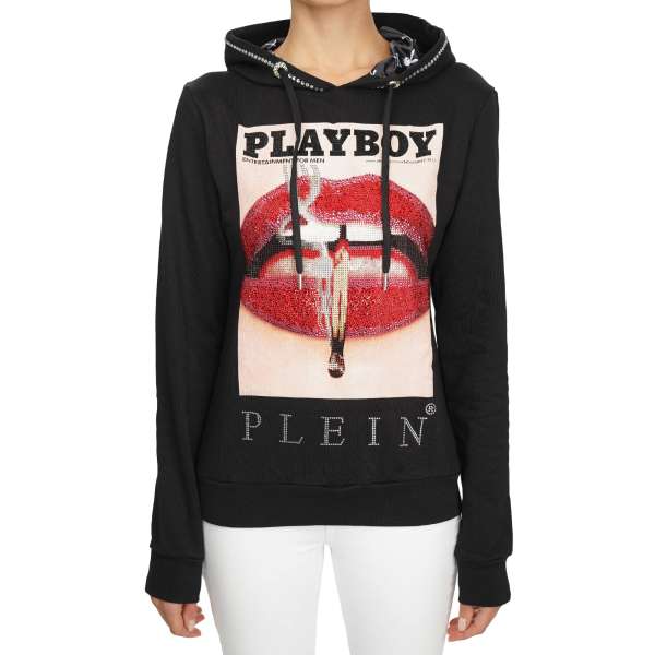 Women's Hoody with a crystals graphic print of a magazine cover of Lauren Young's lips at the front and crystals embellished PLAYBOY PLEIN lettering at the back by PHILIPP PLEIN x PLAYBOY