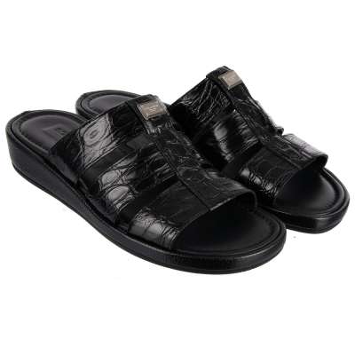 Crocodile Leather Sandals w. Logo Black