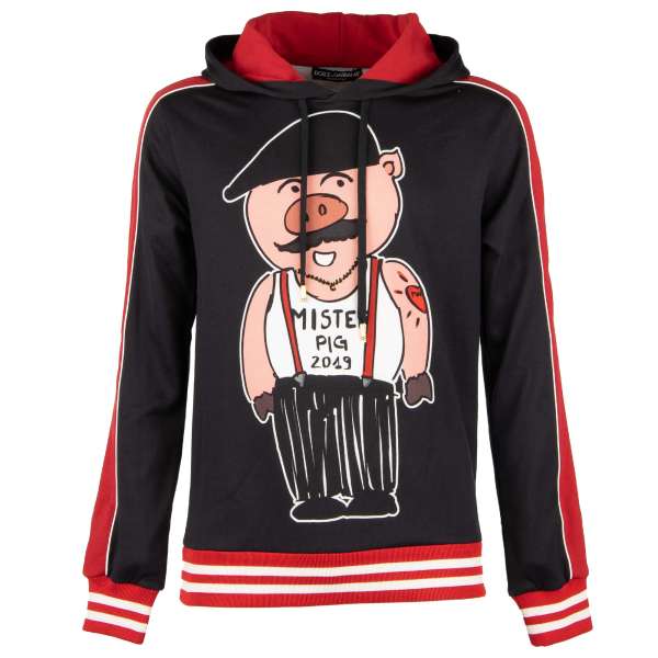 Hooded Sweater / sweatshirt with Sicilian Mister Pig Print in black by DOLCE & GABBANA