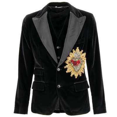 Crystal Gold Heart Rose Velvet Tuxedo Blazer with Vest Black