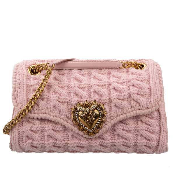 Knitted wool, crochet Crossbody Bag / Shoulder Bag DEVOTION Large with jeweled heart buckle with DG Logo and structured metal chain strap by DOLCE & GABBANA