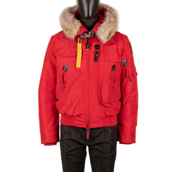 Short Bomber / Down Jacket GOBI with a detachable real fur trim, hoody, many pockets and a removable down-filled lining in Scarlet Red