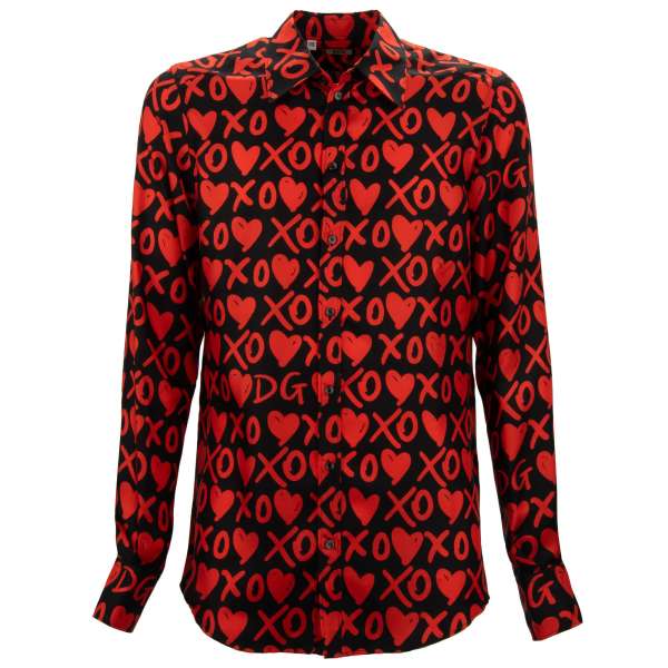 Silk shirt with Heart XO print in red and black by DOLCE & GABBANA  - MARTINI Line 