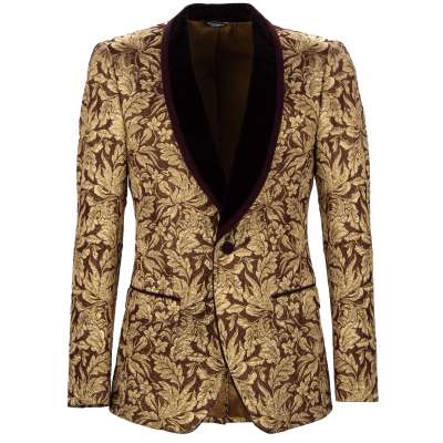 Baroque Jacquard Velvet Tuxedo Blazer Gold Bordeaux 44 XS