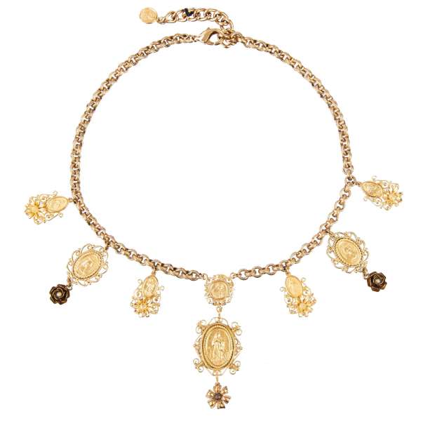 "Charme" Chain with a filigrane Madonna and flower pendants in gold by DOLCE & GABBANA