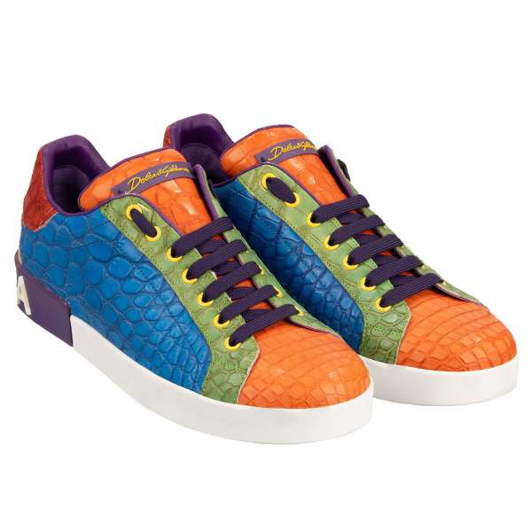 Krokodilleder Low-Top Sneaker PORTOFINO mit DG Logo in Blau, Lila, Orange und Grün von DOLCE & GABBANA