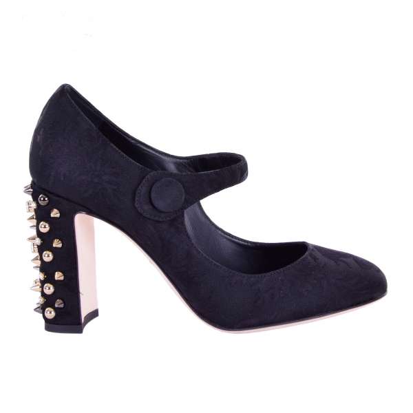 Baroque Brocade Mary Jane Pumps VALLY with crystals and studs embellished heel in black by DOLCE & GABBANA Black Label