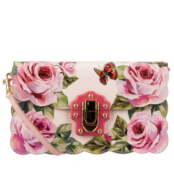 Shoulder Bag LUCIA with floral roses and butterfly print, logo, lizard texture on sides and decorative buckle with logo by DOLCE & GABBANA