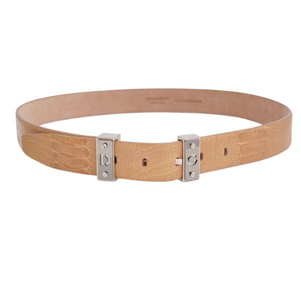 Ostrich leather belt with shiny removable roller buckle in silver by DOLCE & GABBANA