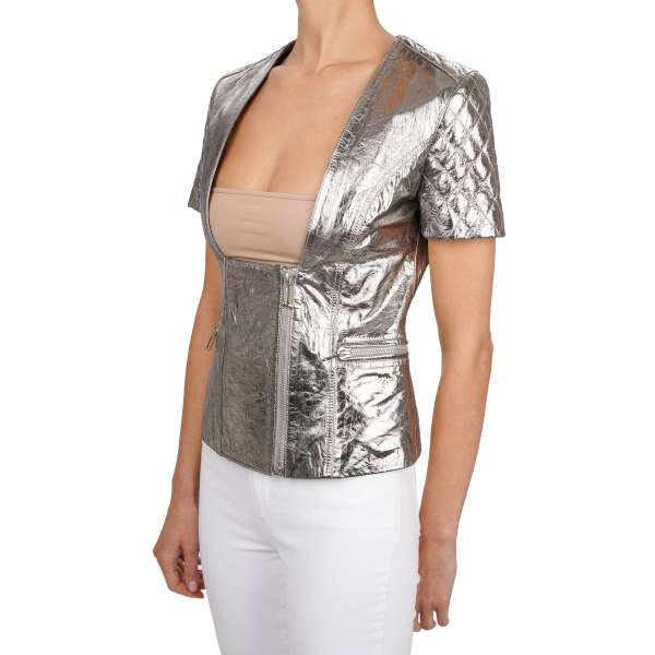  Leather Jacket/ Top COLOUR SPLASH with PP Logo on the back in metallic silver by PHILIPP PLEIN COUTURE