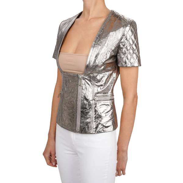 COLOUR SPLASH Lederjacke / Top mit PP Logo an Rücken in Metall Silber von PHILIPP PLEIN COUTURE