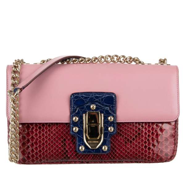 Snake, Calf and Caiman leather shoulder bag LUCIA with gold chain strap and buckle with studs by DOLCE & GABBANA