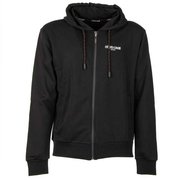 Baumwolle Hoodie mit Tiger aus Kristallen und Logo Schild in Schwarz von ROBERTO CAVALLI Sport