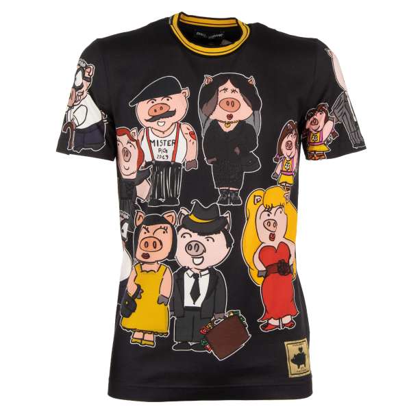 Printed cotton T-Shirt with Pigs print and logo sticker by DOLCE & GABBANA