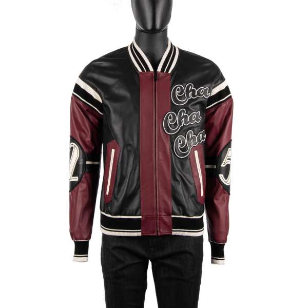 Embroidered sheep leather jacket with embroidered Cello and wordings Club Lounge, Cha Cha Cha, Numbers 58 and 62 and knitted details by DOLCE & GABBANA