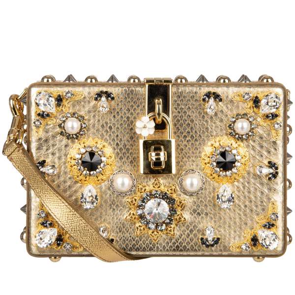 Unique handmade snakeskin clutch / shoulder bag DOLCE BOX with massive floral crystals applications, studs and decorative padlock by DOLCE & GABBANA