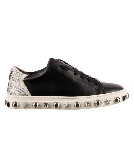 Low-Top Sneaker in black and silver with crystals embellished Plein and Playboy logos, studded sole and tongue with Philipp Plein metal logo by PHILIPP PLEIN X PLAYBOY