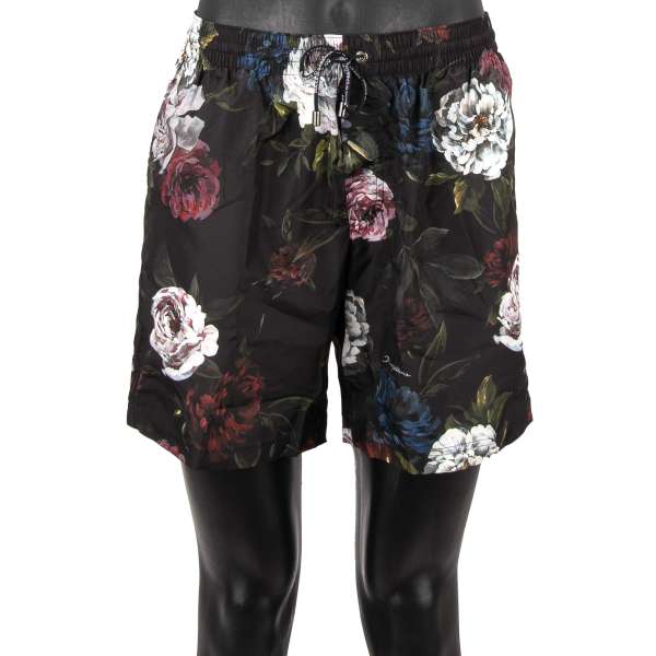 Badeshorts / Badehose mit Blumen und Logo Print, Logo patch, Innenslip und Taschen von DOLCE & GABBANA Beachwear