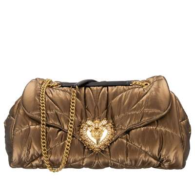 Nylon Shoulder Belt Bag DEVOTION Large with Jeweled Heart Bronze Black