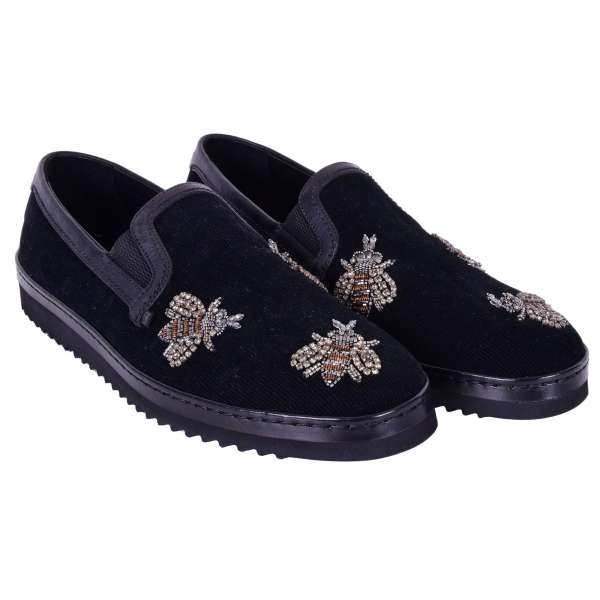 Tweed Loafer MONDELLO with embroidered crystals and metal bees and leather details by DOLCE & GABBANA Black Label