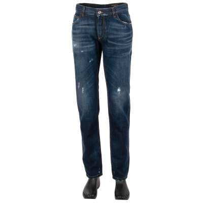 Distressed 5-Pockets Jeans MARTINI with Logo Plate Blue