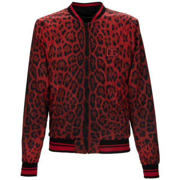 Leopard printed bomber jacket made of nylon with DG rubber Logo in red and black by DOLCE & GABBANA