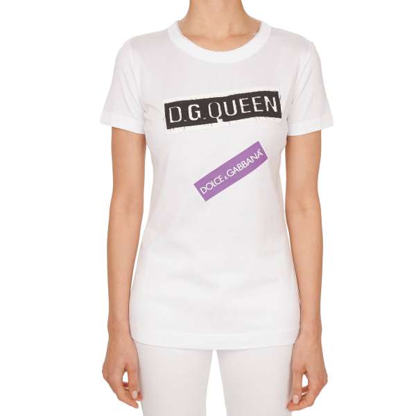 Baumwolle T-Shirt mit DG Logo und DG Queen Patch in weiß von DOLCE & GABBANA