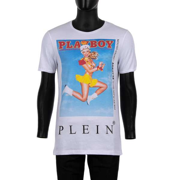T-Shirt mit Magazin Print von Carly Lauren / College Issue mit 'PLAYBOY PLEIN' Print vorne und mit bedrucktem 'Playboy Plein' Schriftzug auf der Rückseite von PHILIPP PLEIN x PLAYBOY