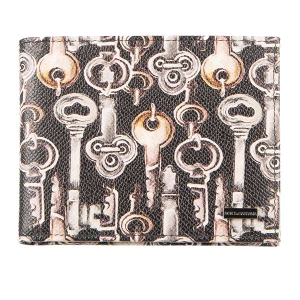 Keys printed dauphine leather bifold wallet with coins pockets and DG metal logo plate in black and beige by DOLCE & GABBANA