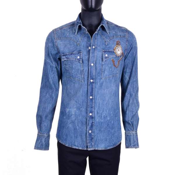 Destroyed Design Jeans / Denim Hemd mit bestickter Uhr in Gold von DOLCE & GABBANA