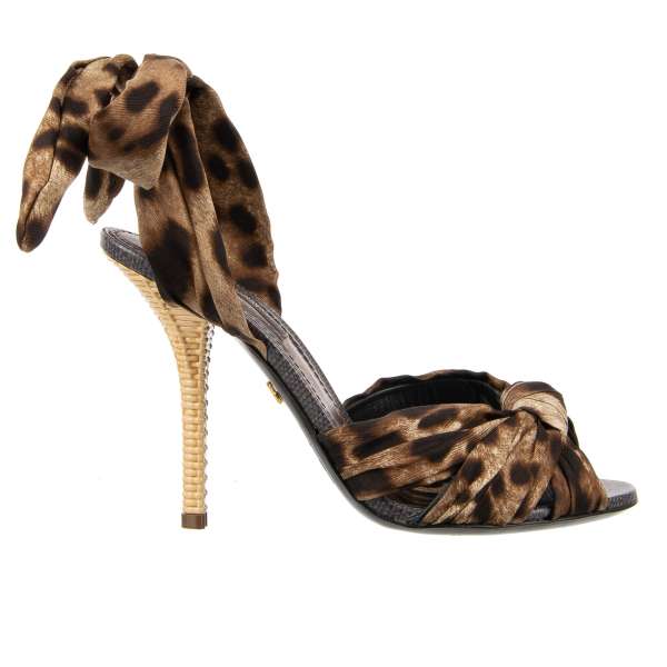 Tropical theme silk and leather Heels Sandals KEIRA with leopard print and straps in brown and beige by DOLCE & GABBANA