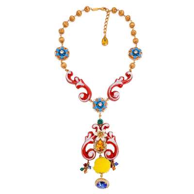 Carretto Crystal Flower Filigree Pearl Chain Necklace Gold Red