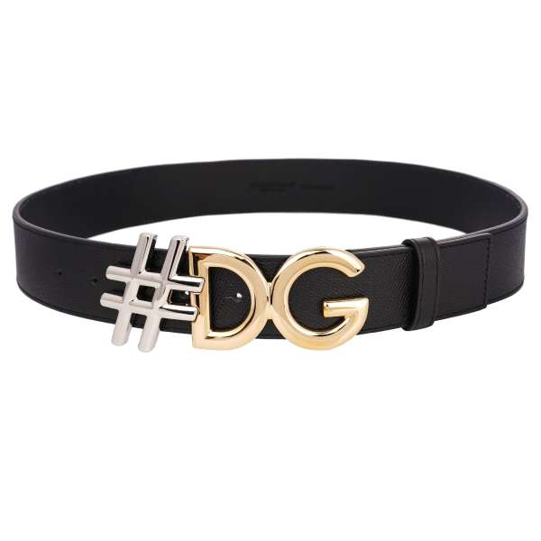 Dauphine calf leather belt with DG Hashtag metal buckle in black, gold and silver by DOLCE & GABBANA