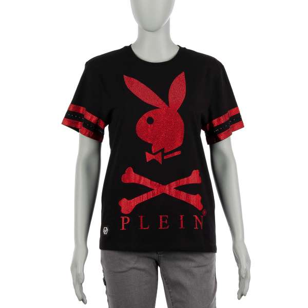Women's T-Shirt with a crystals embellished Playboy Plein Bunny logo and PLEIN Lettering at the front and crystals PLAYBOY X PLEIN lettering at the back by PHILIPP PLEIN X PLAYBOY