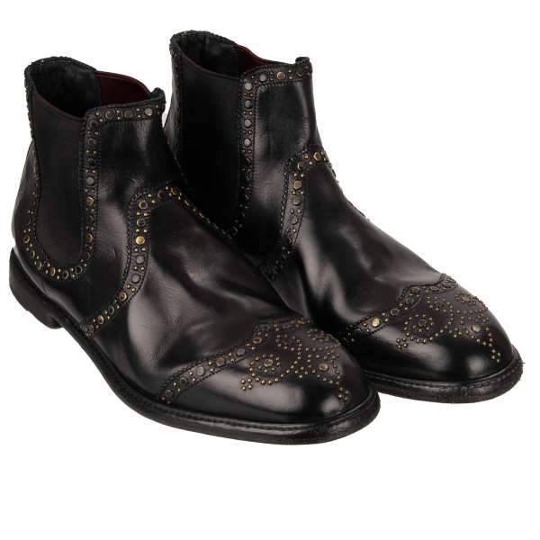 Leather Boots MICHELANGELO with studs and pattern in front in black by DOLCE & GABBANA