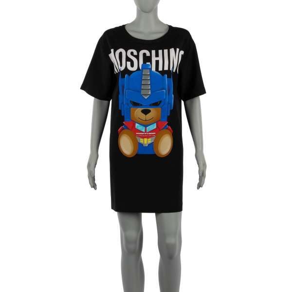 Short and elastic viscose T-Shirt dress with Robot Bear and large Logo print by MOSCHINO COUTURE